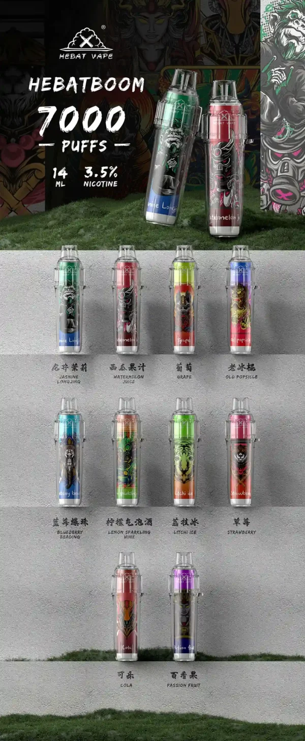 3c7b6159090b1f15eda83534671f250d-1.webp Hebat 喜貝 BOOM 7000口 拋棄式電子煙 14ml油倉/500mAh可充電/3.5%尼古丁鹽/細膩霧化