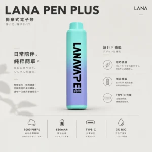 ChatGPT-Image-2026年8月21日-上午12_12_09.webp LANA PEN PLUS 9000口 拋棄式電子煙 15ml儲油/3%尼古丁鹽/Mesh芯/Type-C充電
