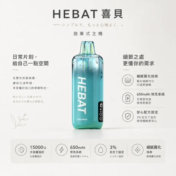 ChatGPT-Image-2026年8月22日-下午07_33_56.webp Hebat 喜貝 15000口 拋棄式電子煙 細膩霧化/650mAh快充/穩壓續航/3%尼古丁鹽