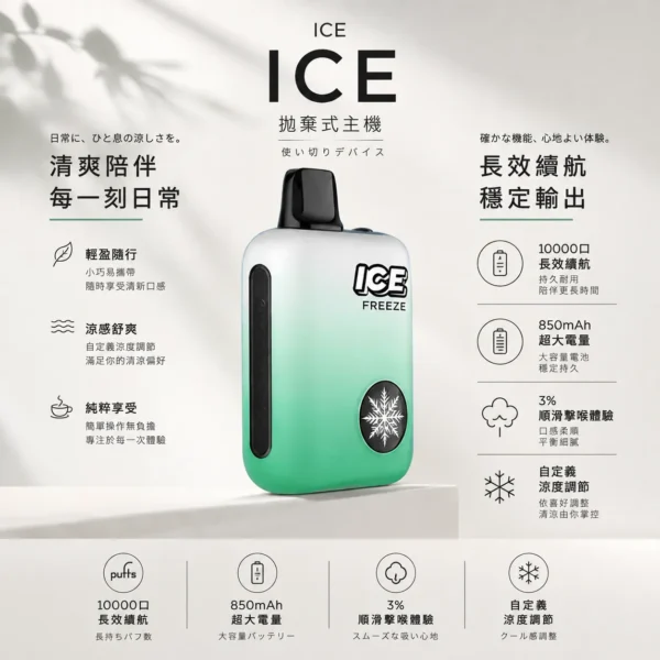 ICE 10000口 拋棄式電子煙 可調式涼度/850mAh電池/Mesh霧化結構/3%尼古丁鹽