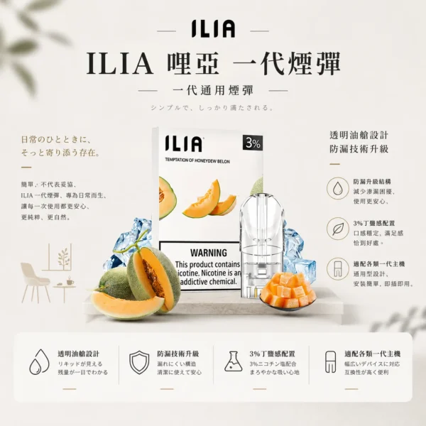 ChatGPT-Image-2026年8月22日-下午09_54_20.webp ILIA 哩亞 一代通用煙彈 三顆裝 透明油艙/3%尼古丁鹽/防漏升級/適配一代主機