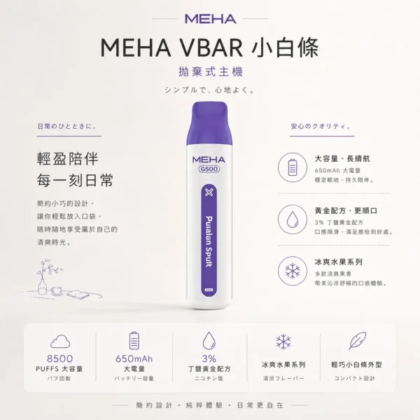 ChatGPT-Image-2026年8月23日-下午06_30_49.webp MEHA VBar 魅嗨 小白條 8500口 拋棄式電子煙 3%尼古丁鹽/黃金配方/冰爽水果/8500口大容量/650mAh可充電設計