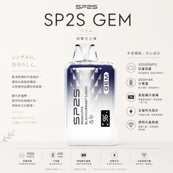 ChatGPT-Image-2026年8月24日-下午10_01_19.webp SP2S 思博瑞 GEM 9000口 拋棄式電子煙 9000口油量/600mAh/快充/水晶質感/智能螢幕