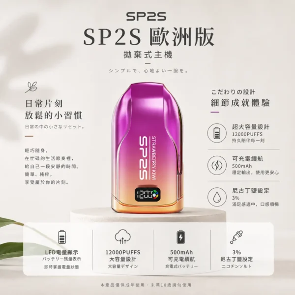 ChatGPT-Image-2026年8月24日-下午10_04_16.webp SP2S 歐洲版 12000口 拋棄式電子煙 LED電量顯示/10ml容量/500mAh續航/可充電規格