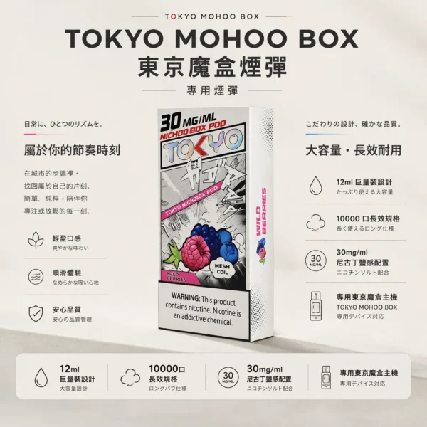 ChatGPT-Image-2026年8月25日-下午09_07_55.webp TOKYO MOHOO BOX 東京魔盒 10000口專用煙彈 12ml/30mg尼古丁鹽/適配專用主機【買三盒煙彈加150贈主機】