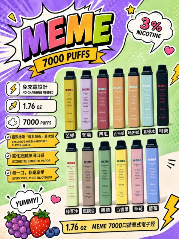 ChatGPT-Image-2026年8月31日-上午02_40_13.webp MEME 韓國熱銷 7000口 拋棄式電子煙 3%尼古丁鹽/黃金配比/絲滑口感/韓系調香