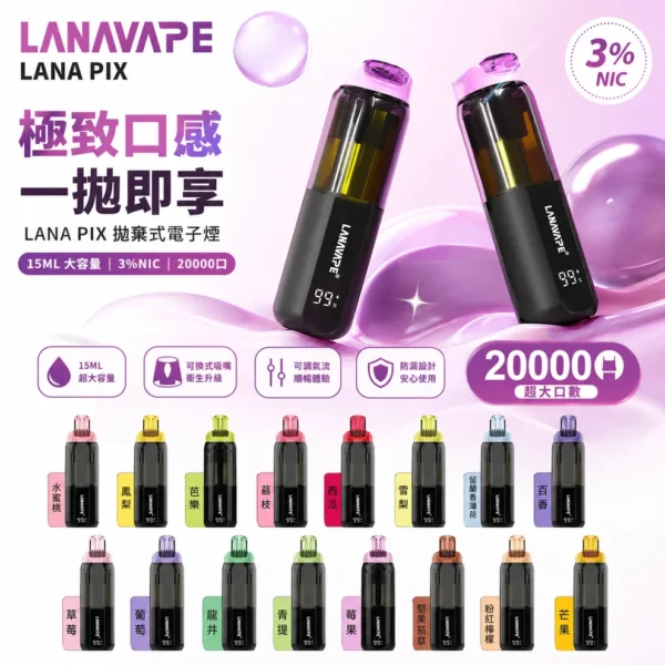 ChatGPT_Image_2026_7_14_13_19_53.webp LANA PIX 閃光彈 20000口 拋棄式電子煙 可摺疊吸嘴/15ml/850mAh/Mesh網芯版本